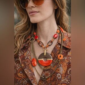 Premier Designs PIPER Red Acrylic Brass Chain Necklace Retro NWOT 38” #511